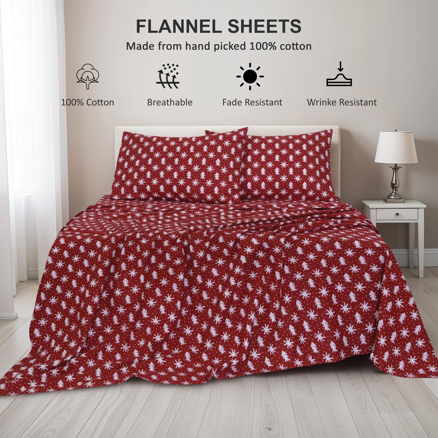 RUVANTI Flannel Sheets Queen Size - 100% Cotton Double Brushed Bed Sheets, Deep Pockets 16 Inches Queen Sheet Set, All Seasons Breathable & Extra Soft - Warm & Cozy, 4 Piece, Red Christmas