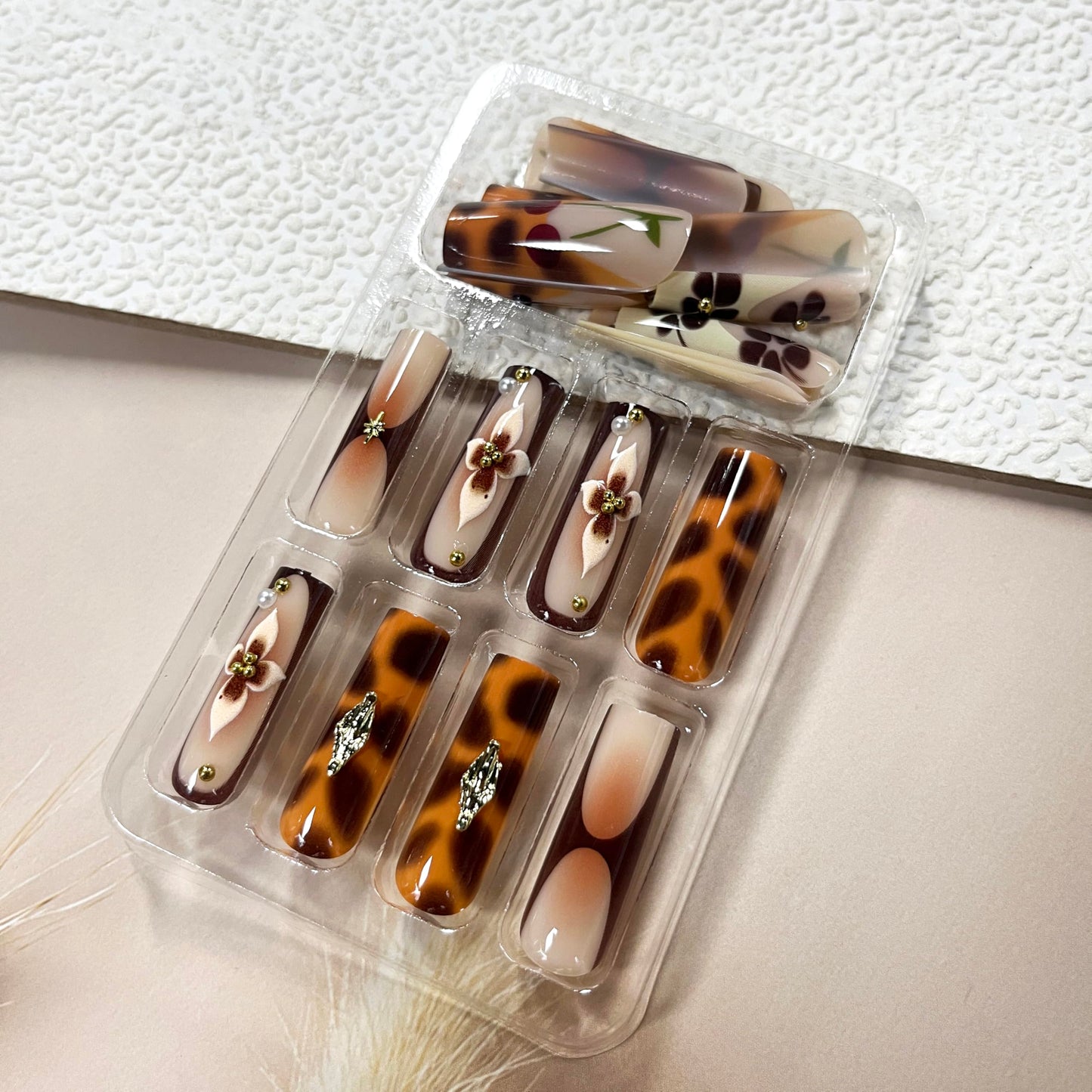 MERVF Fall Press on Nails Long Square, Leopard Brown French Tip Fake Nails Flower Cherry Glue ons Pearls Acrylic Nail Gradient Design Glossy 24pcs