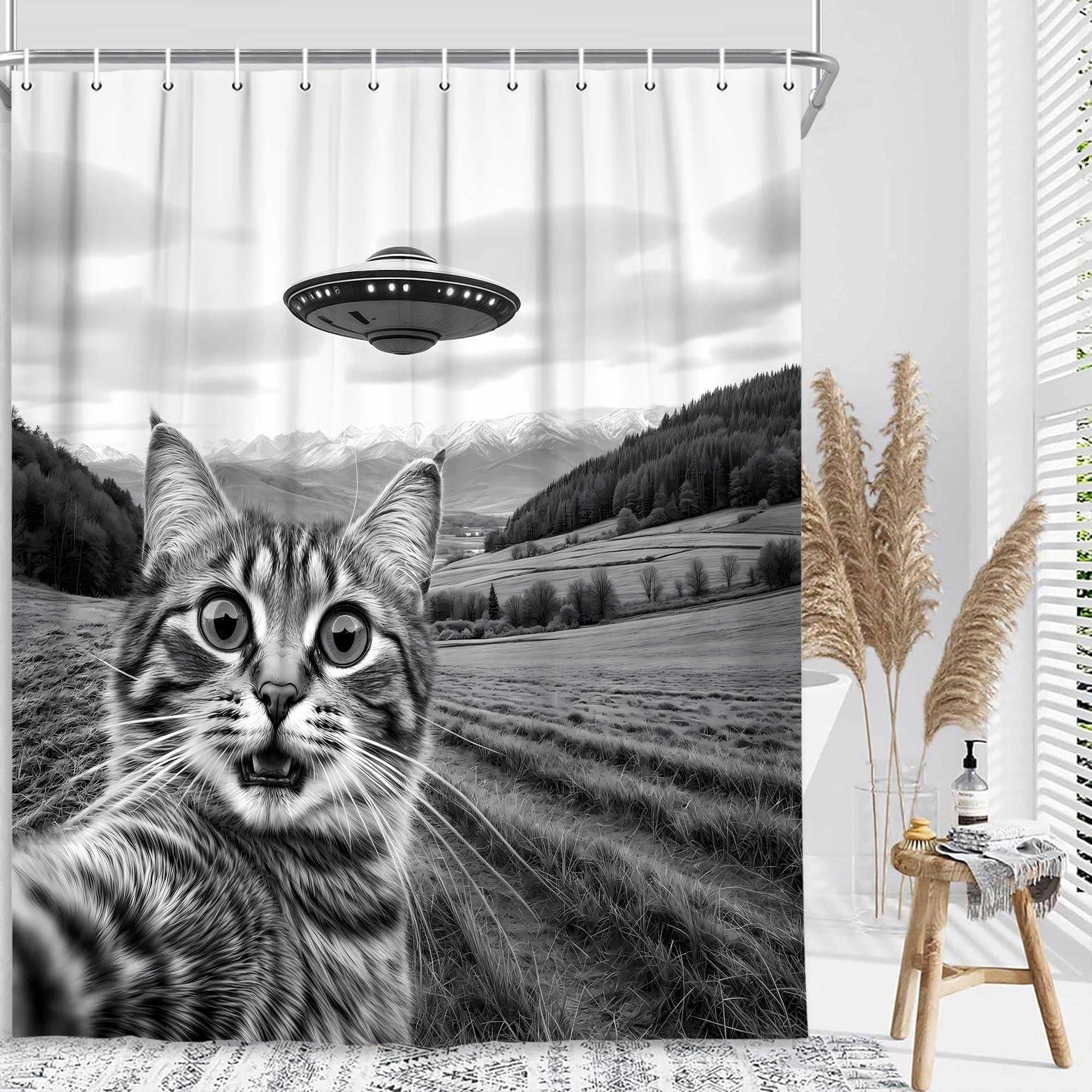 JAWO Funny Shower Curtain, Hilarious Selfie Cat Waterproof Bath Curtain, Modern Gray Country Scene Fun Cute Gray Cat UFO Bathroom Decor, 72X72 INCH with Hooks