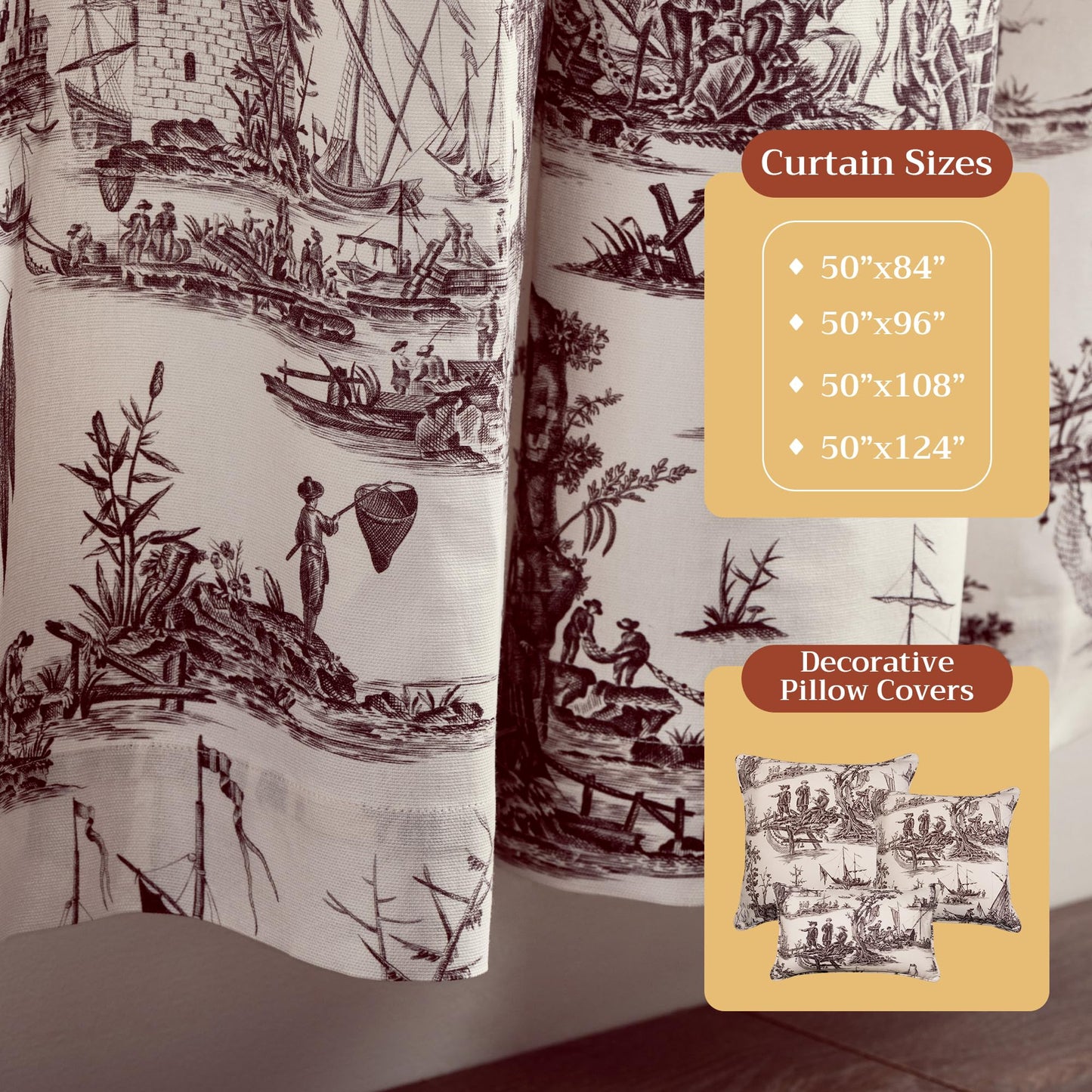 Maison d' Hermine Curtains for Living Room 100% Cotton 96 inch Length One Panel Light Filtering Toile Curtains for Bedroom Windows with Rod and Loop Pockets Drapes (Calais Charcoal, 50" W x 96" L)