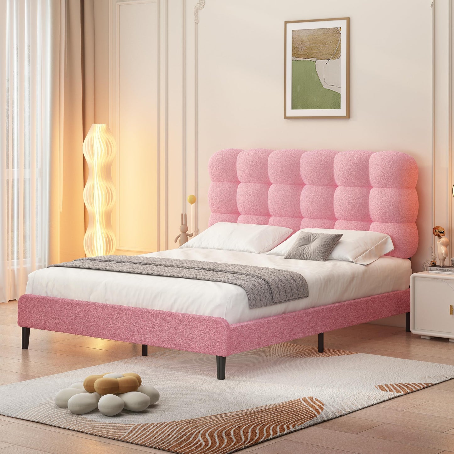 BarnFurin Full Size Bed Frame with Upholstered Headboard, Soft Boucle Fabric, Platform Bed with Strong Wooden Slats Support, Two Bed Forms Design, No Boxing Spring Needed, Easy Assembly, Pink
