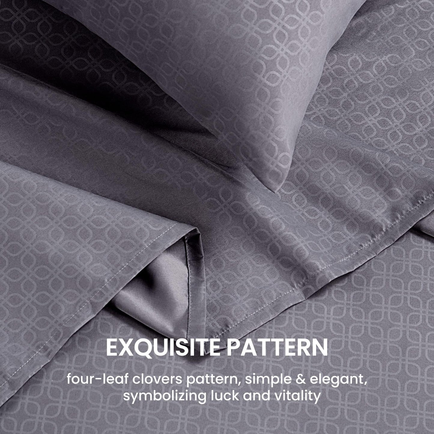 SLEEP ZONE Luxury Embossed Queen Sheets Set, Four-Leaf Clover Pattern Sheet & Pillowcase Sets 4 Piece - Super Soft, Wrinkle Free, Fade Resistant, Deep Pocket 16" (Gray, Queen)