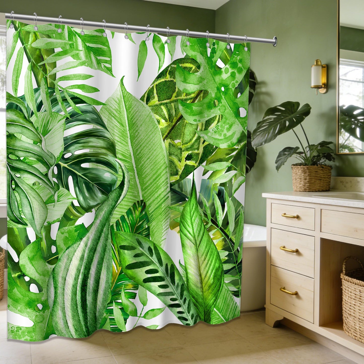 Pdvbiee Green Tropical Palm Leaf Shower Curtain, 70 X 72 Inch