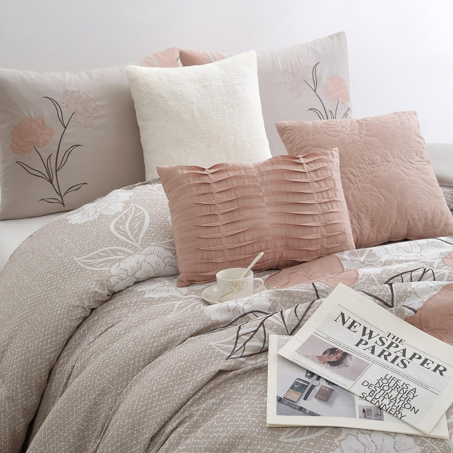 Stratford Park Wonderful 7 Piece Comforter Set, Queen Size, Blush, Modern Design, Matching Bedskirt, Pillows & Shams
