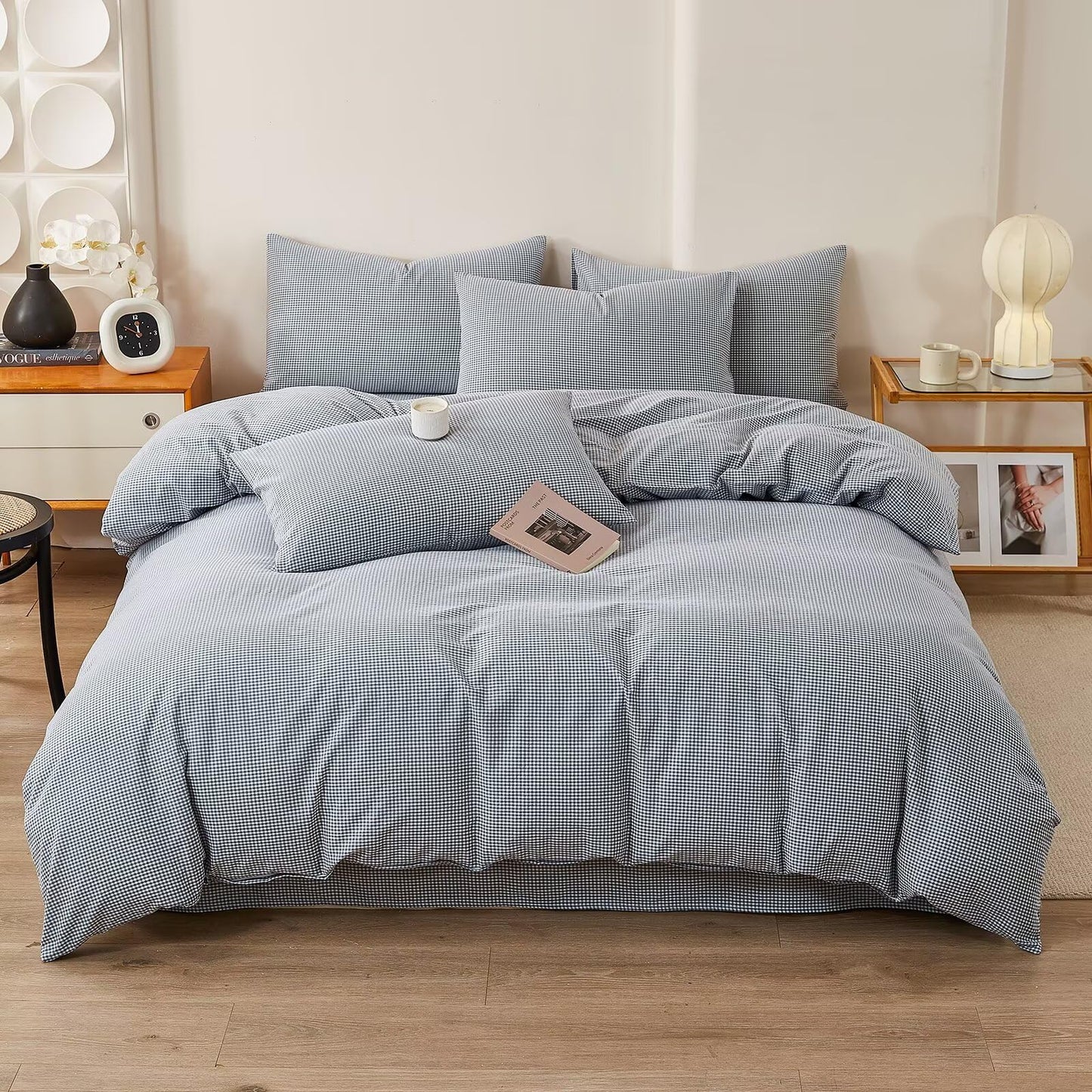 AMZTOP Soft Cotton King Size Duvet Cover Set 3 Pcs,1 Duvet Cover and 2 Pillowcases,100% Washed Cotton Blue Gingham Design Bed Set,Zipper Closure Comforter Covers King Size 104"×90"