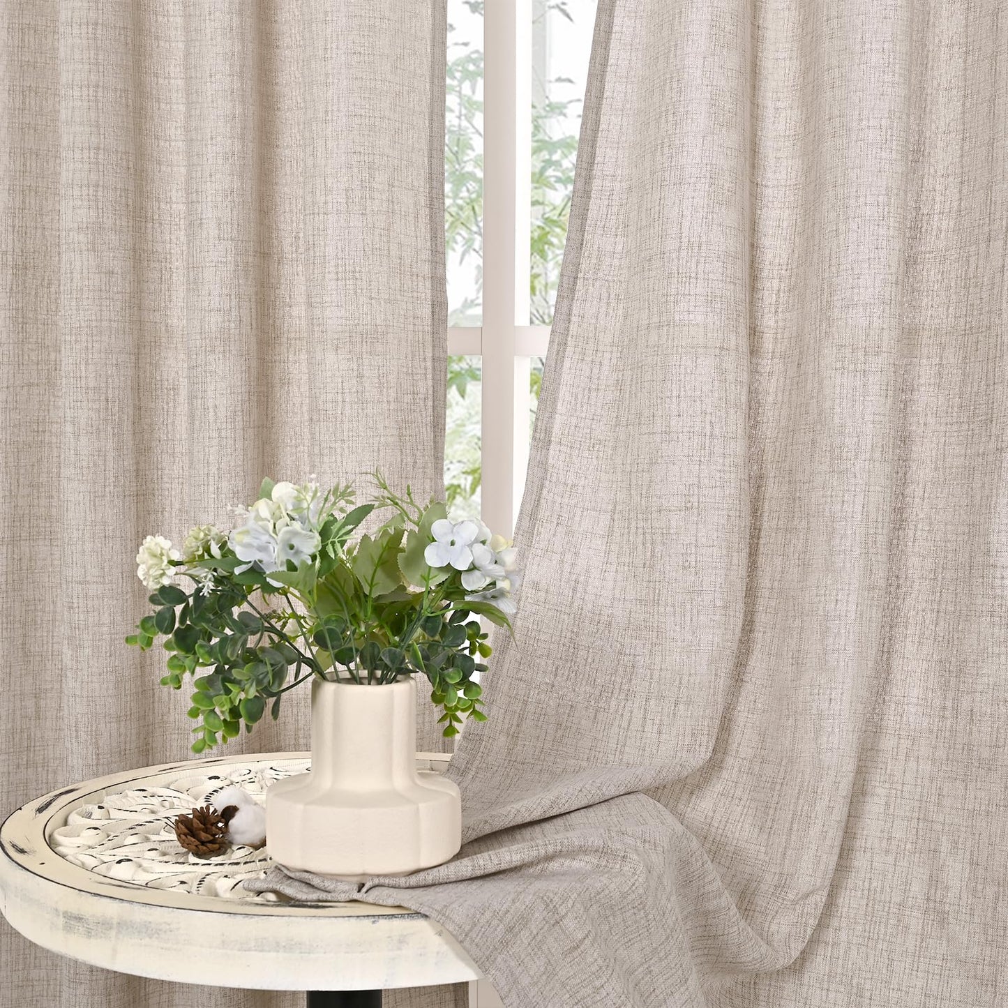 YoungsTex Linen Semi Sheer Curtains 63 Inch Length 2 Panels for Living Room - Light Filtering Drapes with Bronze Grommet Beige Window Treatments for Office Bedroom, 52 X 63 Inch