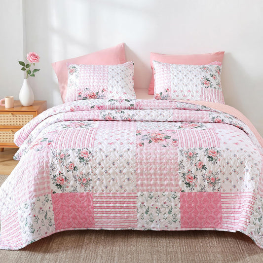 YIKUSH Floral Quilt Set Queen Size – Ultra Soft Lightweight Bedspread, 3 Piece Pink Bedding Set (90"x90") with Pillowcases (20"x26"), All Season Coverlet for Bedroom & Guest Room