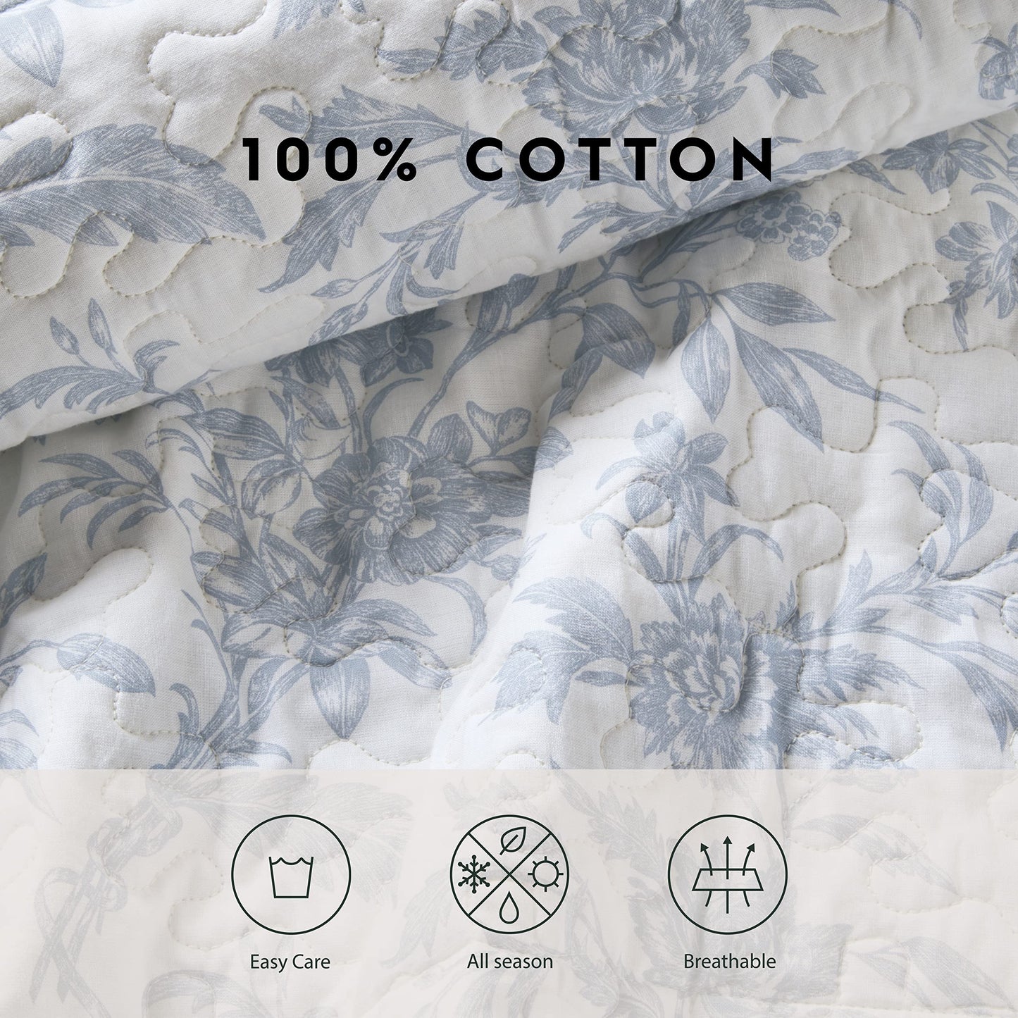 Laura Ashley – Twin Quilt Set, Soft & Lightweight Toile Bedding with Matching Shams, Reversible Floral Room Decor, College Dorm Room Essentials (Amberley Soft Blue)