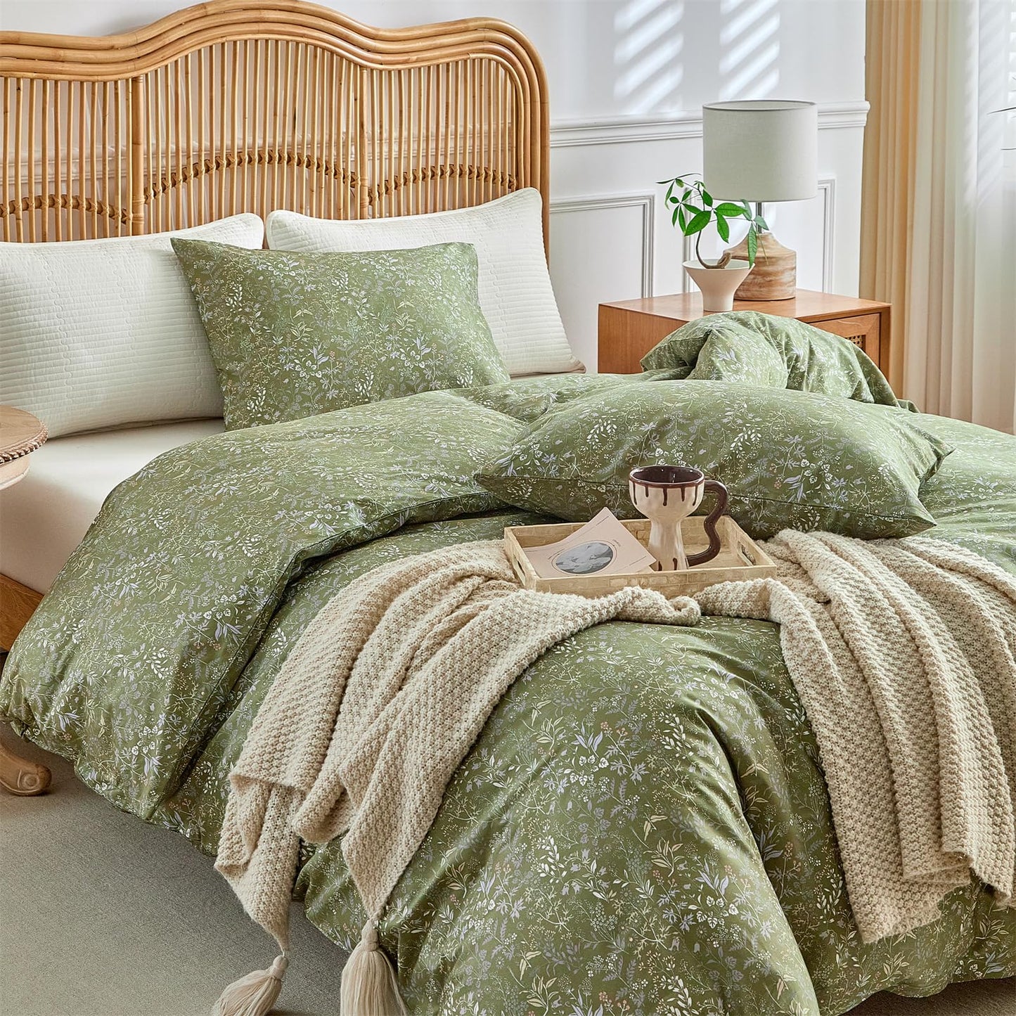 mixinni 3 Pieces Duvet Covers King Size, 100% Cotton Comforter Cover Wildflower Printed on Army Green Floral Bedding Set with Zipper Closure 4 Ties (1 Duvet Cover 104"x90", 2 Pillow Cases 20"x36")