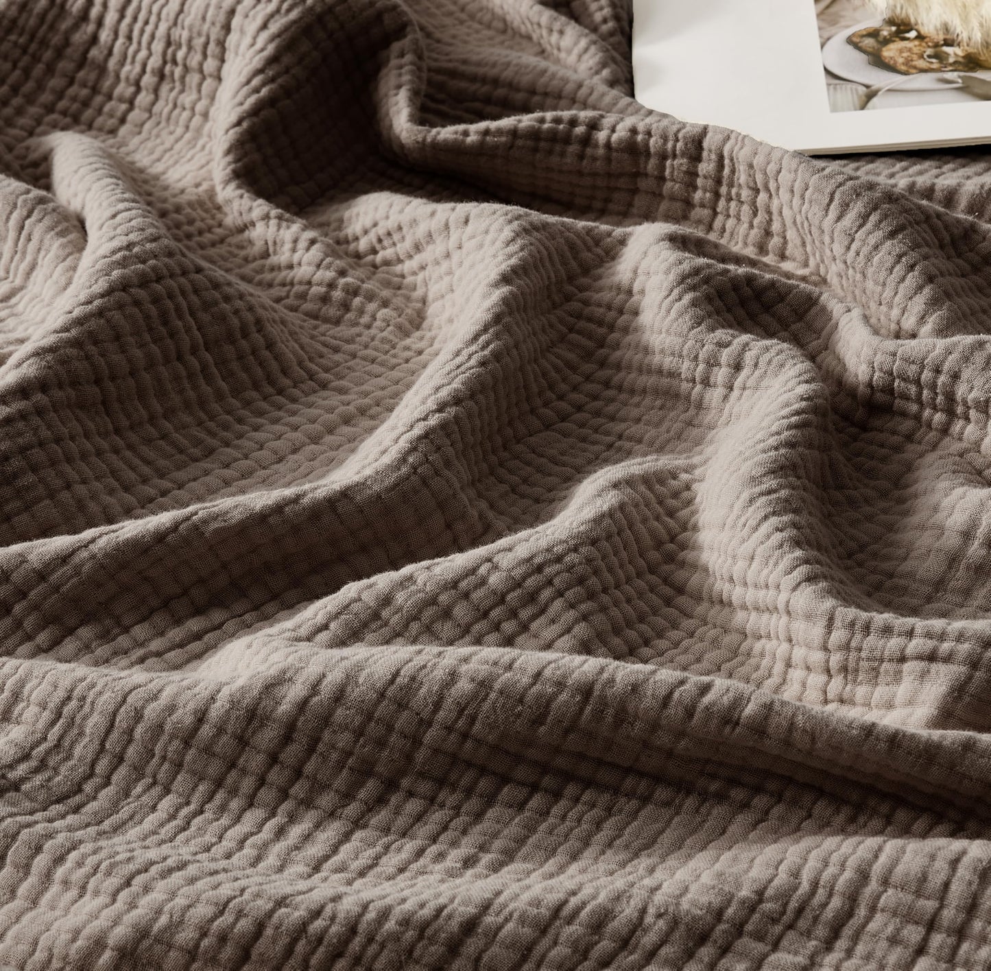 WDCOZY Muslin Throw Blanket 100% Cotton Blankets 4-Layer Breathable Lightweight Soft for Couch Boho Farmhouse Linen Tassels Ruffle Gauze Blankets 50x60 Inches Brown Mocha Chocolate Coffee Taupe