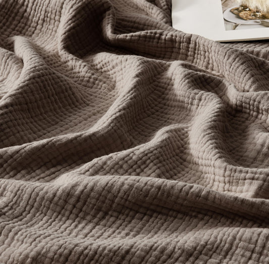 WDCOZY Muslin Throw Blanket 100% Cotton Blankets 4-Layer Breathable Lightweight Soft for Couch Boho Farmhouse Linen Tassels Ruffle Gauze Blankets 50x60 Inches Brown Mocha Chocolate Coffee Taupe