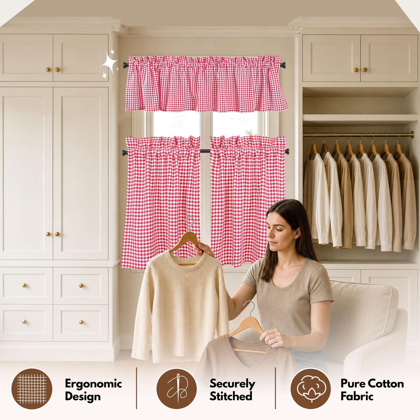 Native Fab Gingham Check 3 Pieces Window Curtain Tiers 26"x36" and Valance 54"x18" Set - Rod Pocket - Semi Sheer - Farmhouse Small Curtain for Kitchen, Bedroom, Living Room - Red and White