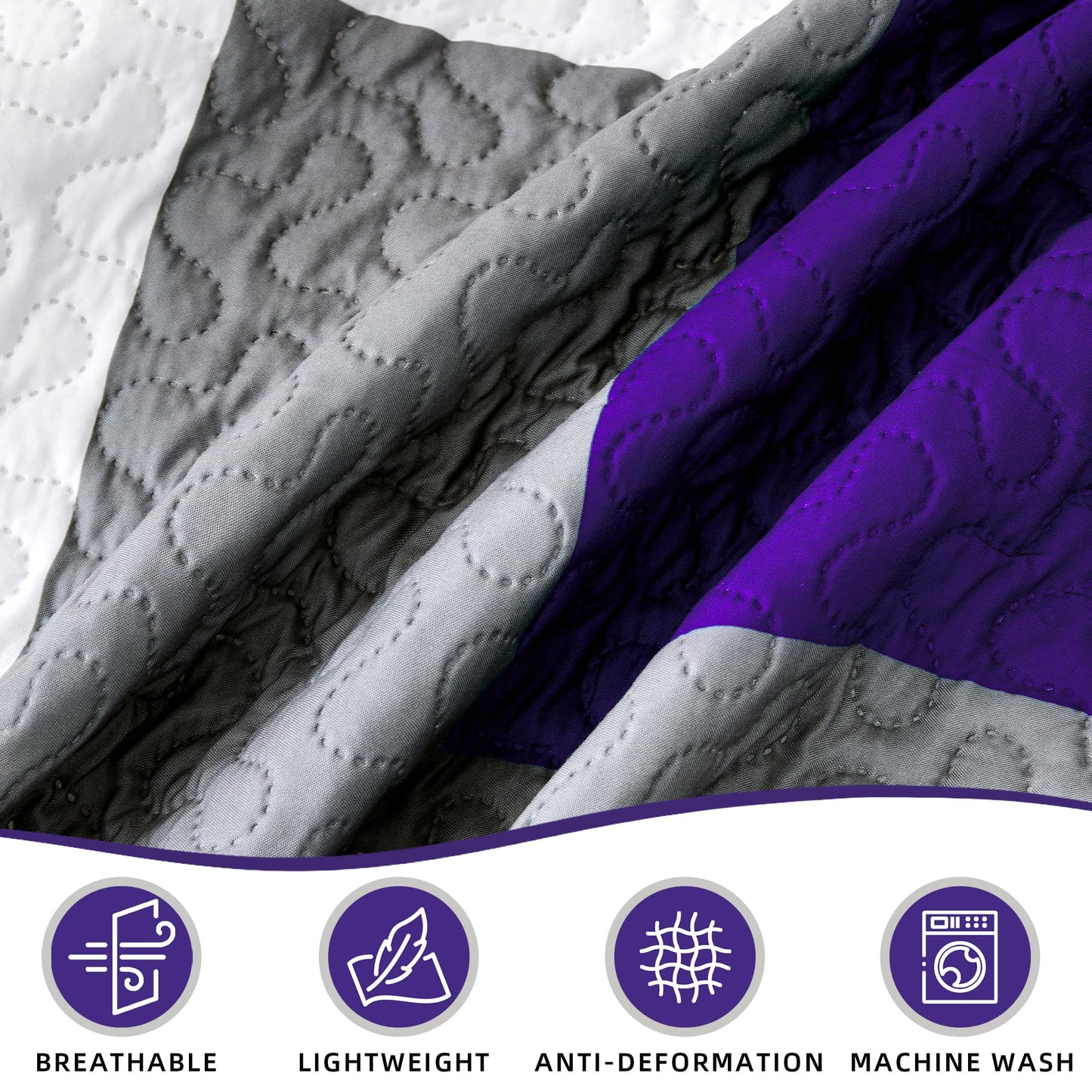 Tyrot 3 Piece Dark Purple Grey Quilt Set King Size Black White Geometric Reversible Bedding Set Microfiber Lightweight Bedspread Coverlet with 2 Shams Modern Bed Covers for All Season, 106''x96''