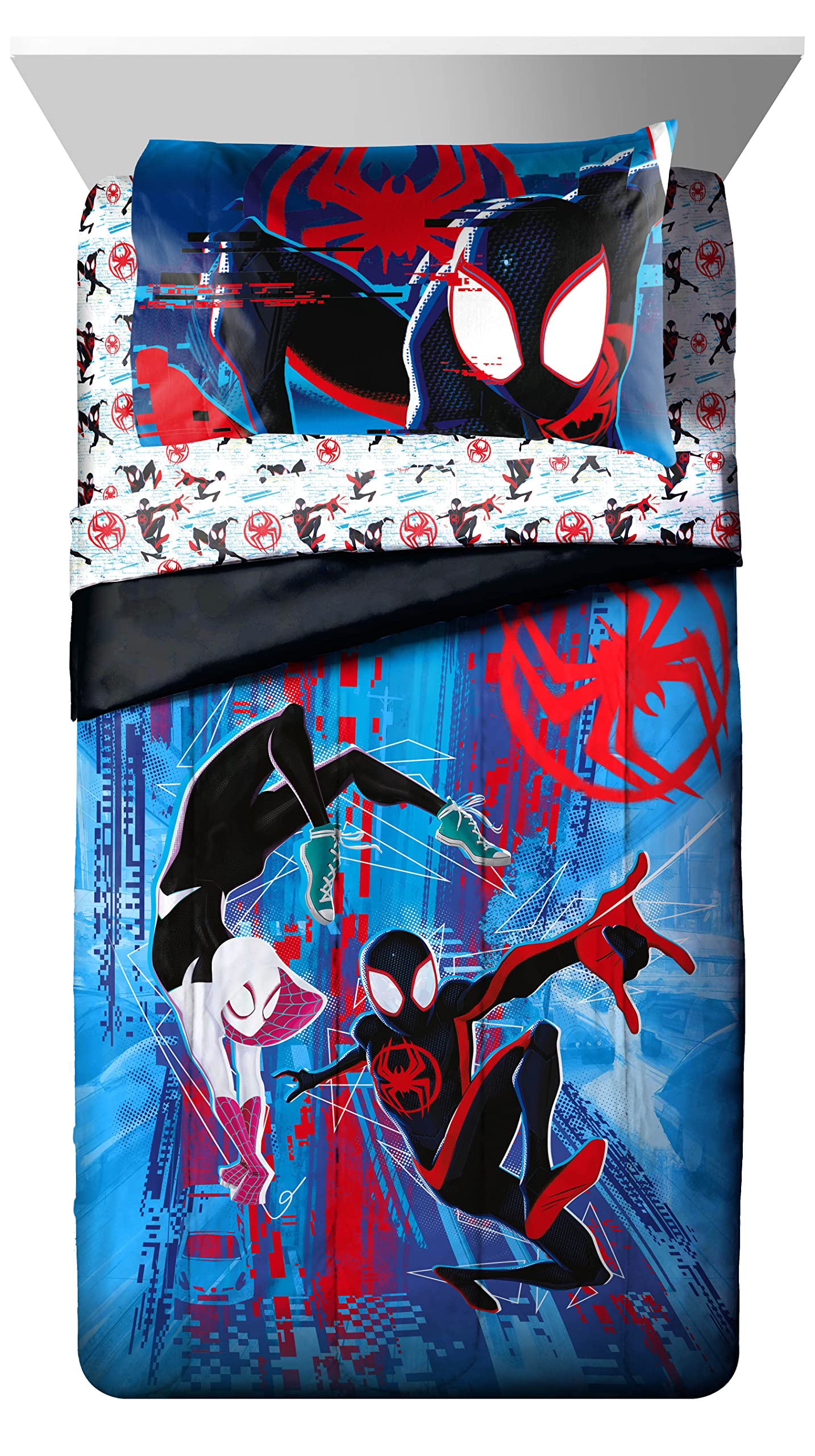 Jay Franco Spiderman Across the Spider-Verse Glitch 7 Piece Full Size Bed Set - Includes Comforter & Sheet Set Bedding - Super Soft Fade Resistant Microfiber (Official Marvel Product)