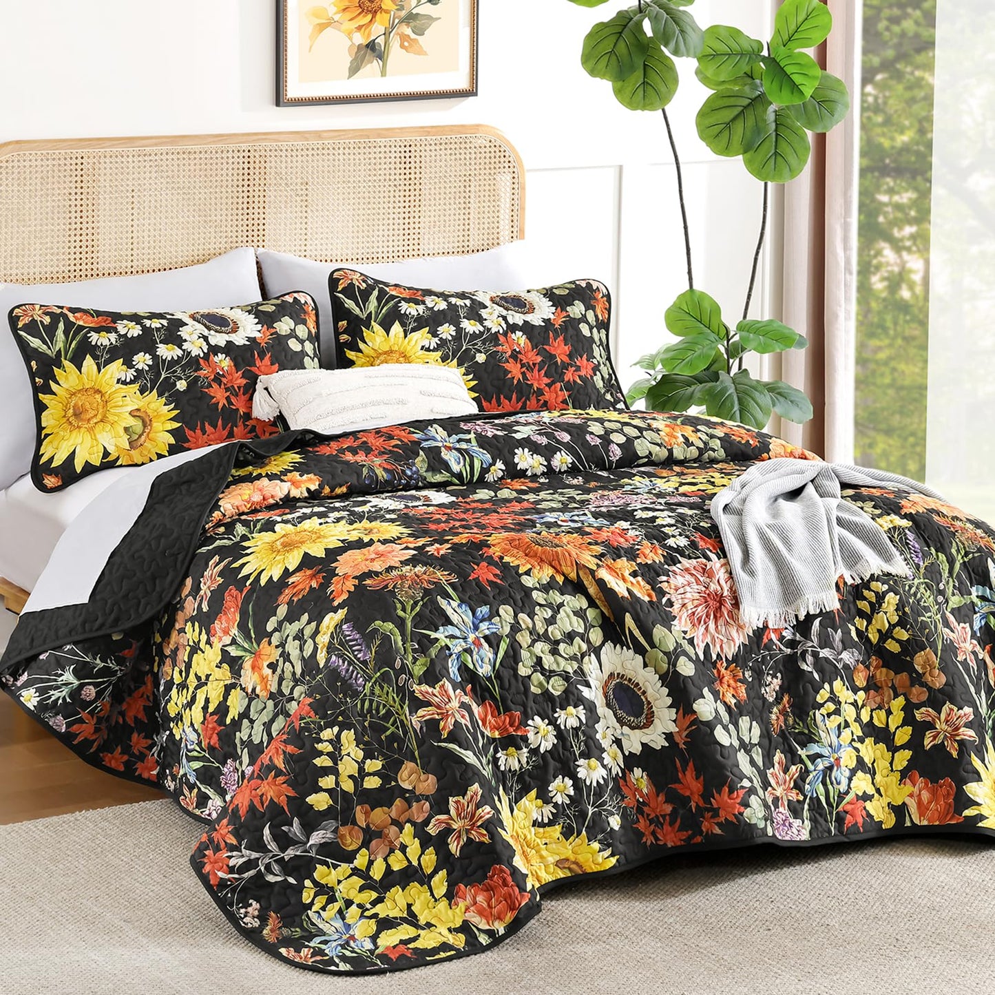 Yiran Quilt King Size, Black Yellow Floral Bedspreads Bedding Set, 3 Pieces Spring Summer Soft Lightweight Microfiber Coverlet with 2 Pillow Shams for All Season 106x90 Inch