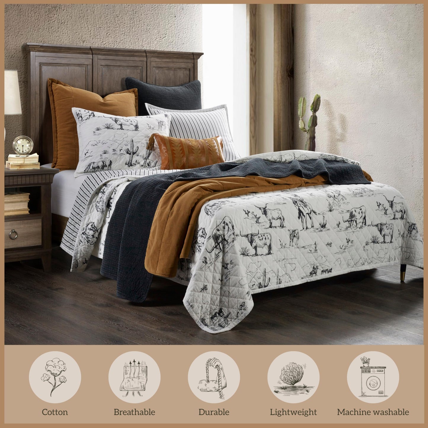 Paseo Road Ranch Life Full Queen Cotton Quilt Set, 3 Piece Western Bedding Set with Pillow Shams, Black White Reversible Quilt with Cowboy Longhorn Horse Cow Print, Soft Cozy Rustic Farmhouse Bedding