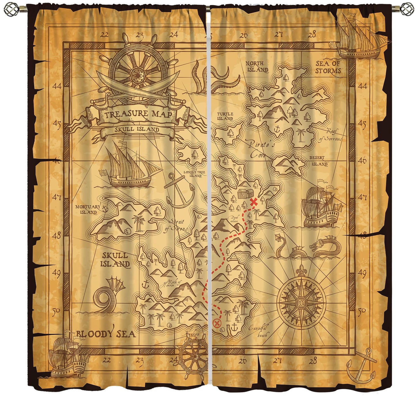 wlsgdsg Pirate Map Curtains for Boys Vintage Medieval Ocean Themed Old Nautical Treasure Compass Sailboat Map Pattern Window Treatments for Kids Teen Bedroom Living Room 42x44.5In（No Blackout）