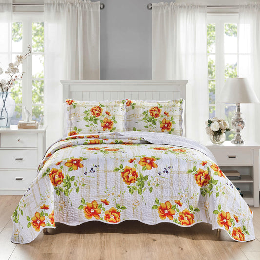 Grand Linen 3-Piece King Size Wave Edged Oversized Quilt Set 120 inch X 106 inch All Seasons Large Bedspread, Pillow Shams Lightweight Soft Coverlet White Orange Green Colors Bed Cover Floral Pattern