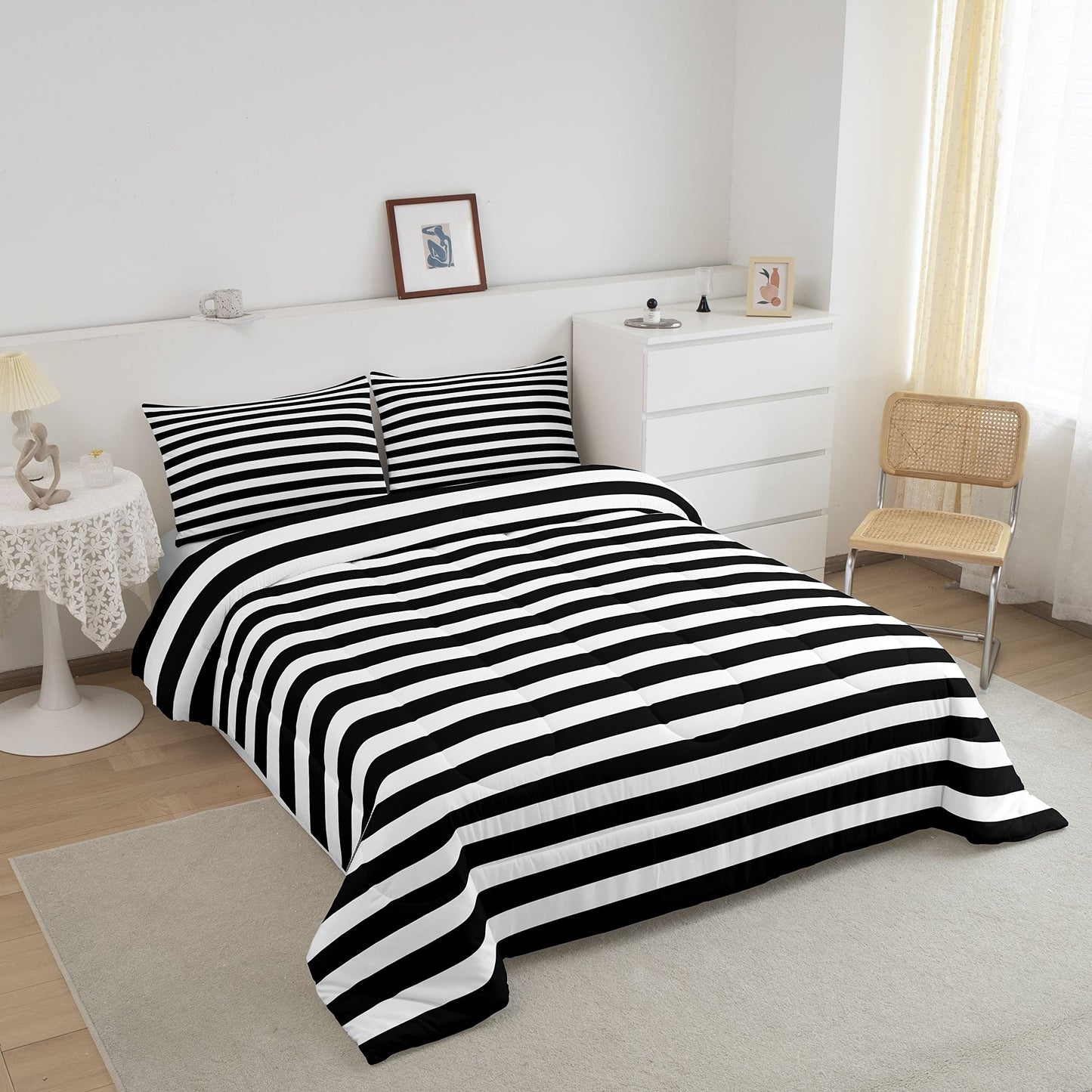 Striped Comforter Set Black and White Stripe Bedding Set Queen Kids Boys Girls Women Men Farmhouse Ticking Stripes Duvet Set Modern Geometric Lines Adults Abstract Gothic Home Decor Soft Reversible