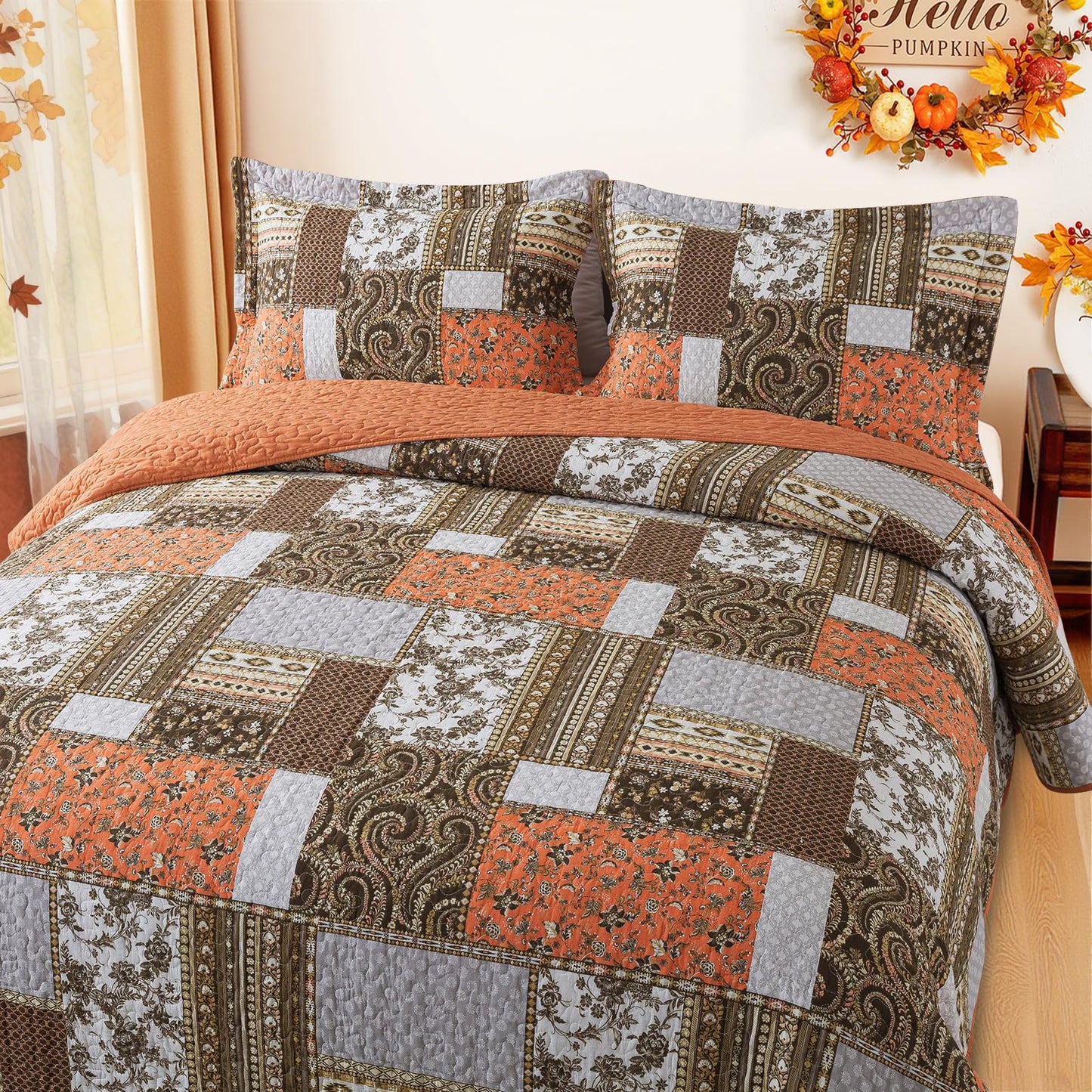 BEDIFANY Farmhouse Cotton Quilts Queen Size for Fall - Lightweight Patchwork Autumn Bedspread Set for Bed Coverlet - Highly-Woven Soft Reversible Bed Spread for All Seasons (Floral Orange) 3 Pieces