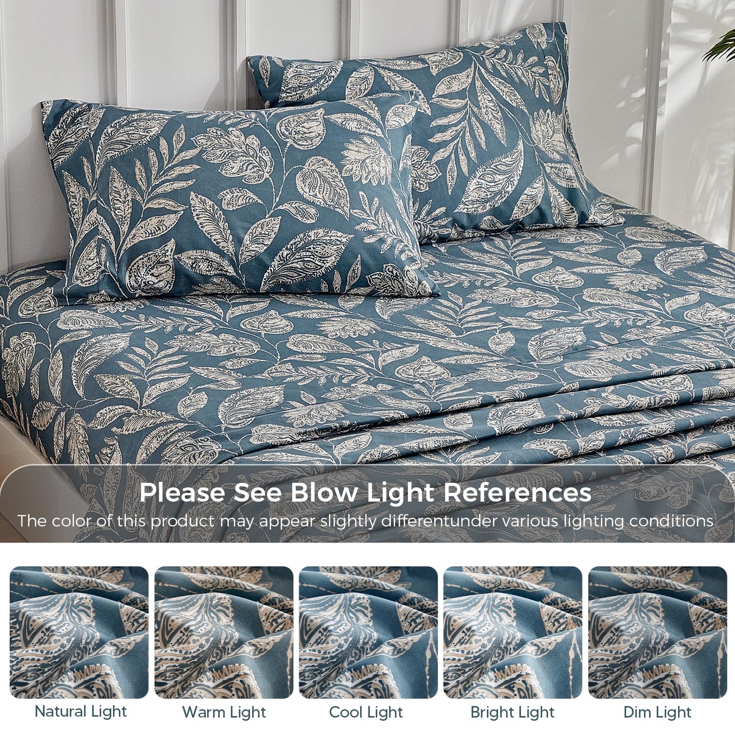 Tokokimo Paisley Sheets Set King Size, 16 inches Deep Pocket Fitted Sheet, Flat Sheet & Envelope Closure Pillowcases, Soft Breathable Microfiber Sheet Set 4-Piece, Blue Leaf Floral