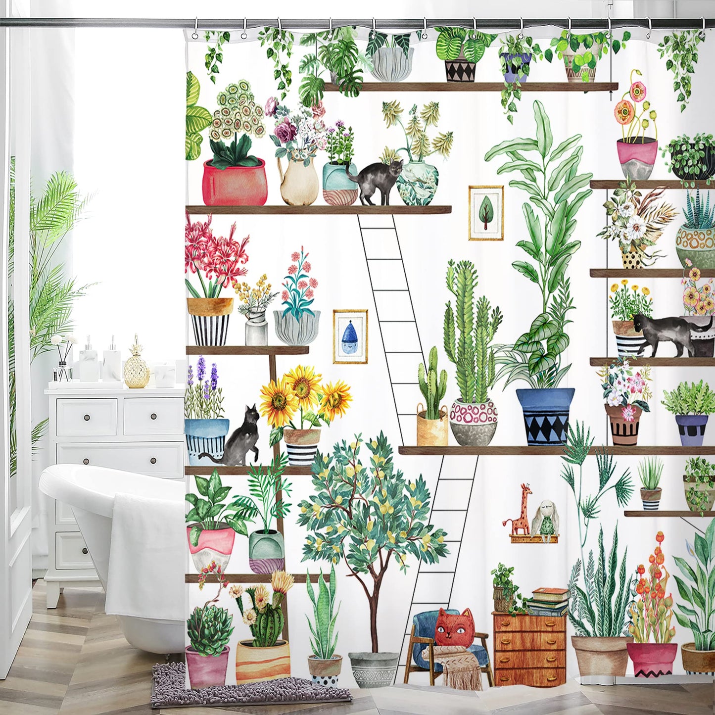 HMS Happy Memories Bohemian Plant Boho Floral Print Shower Curtain, Polyester Fabric Cloth for Bathroom Decor 72×72 Inch Standard Size with 12 Hooks, Also as Room Divider (Thicken 1)