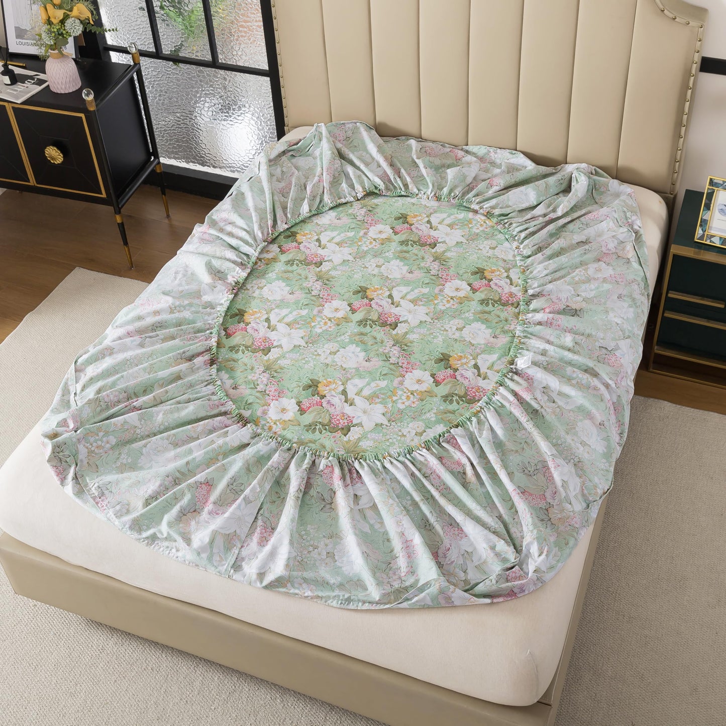 FADFAY Floral Bed Sheets Set Queen Size 100% Cotton Mint Green Botanical Sheet Sets Countryside Bedding Soft Breathable Girls Lily Flower Printed Deep Pocket Sheet 17.5 inch, 4 Pcs Queen