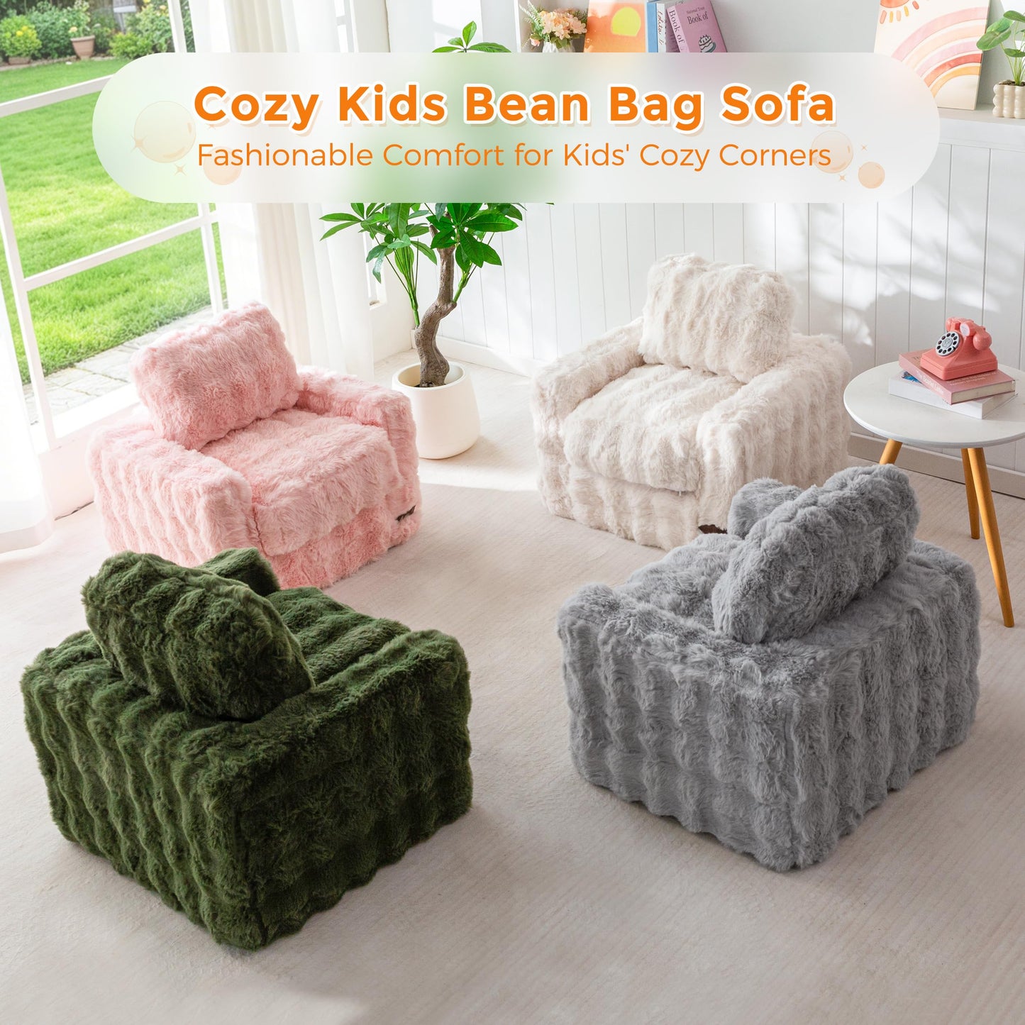 MAXYOYO Kids Bean Bag Chair, Comfy Bubble Fabric Bean Bag Sofa with Filler, Upholstered Floor Sofa with Pillows and Armrests, Lazy Floor Chair Couch for Boys and Girls, Beige, Single