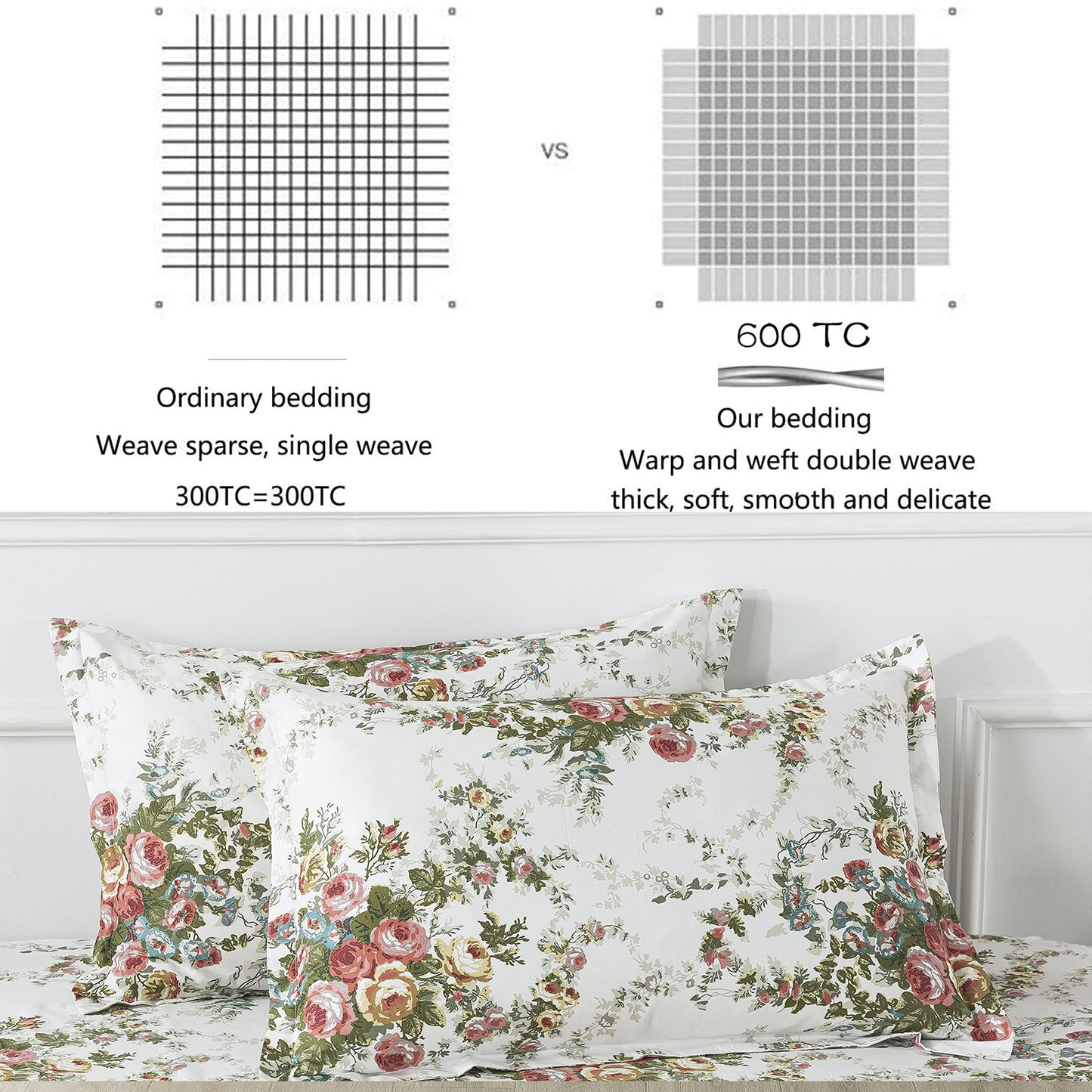 FADFAY Rose Sheets Floral Bed Sheets Queen 100% Cotton Off White Victorian Flower Printed Shabby Vintage Antique Bedding Soft Natural Cotton Deep Pocket Fitted Sheet 4Pcs, Queen