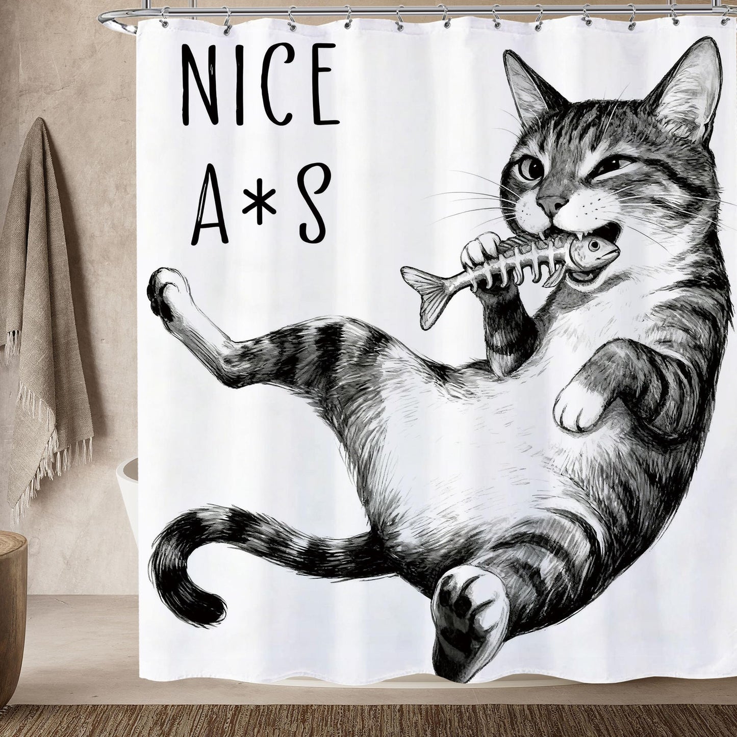 Opeoddie Cute Cat Shower Curtain Fun Animal Boys Kids Shower Curtains Sets for Bathroom Cats Fish Whimsical Ridiculous Black and White Bath Curtain Kitten Teen Funny Bathroom Decor 60x72 Inch