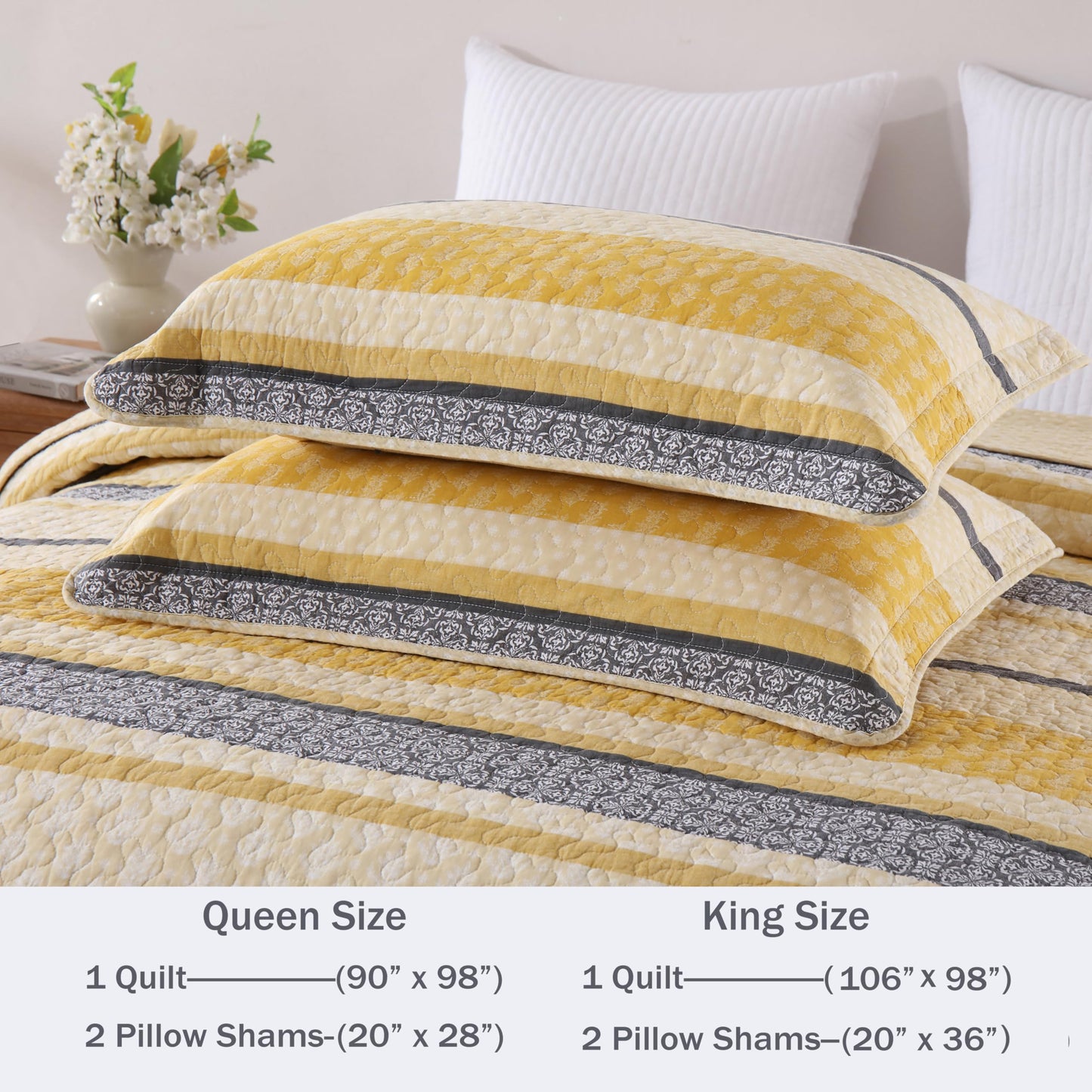 Homzard Quilt King Size - Cotton King Quilt Bedding Set, Yellow Black Gray King Size Comforter Set,Farmhouse Striped Bedspread King Size,Lightweight Bedding Home Decor 3 Piece