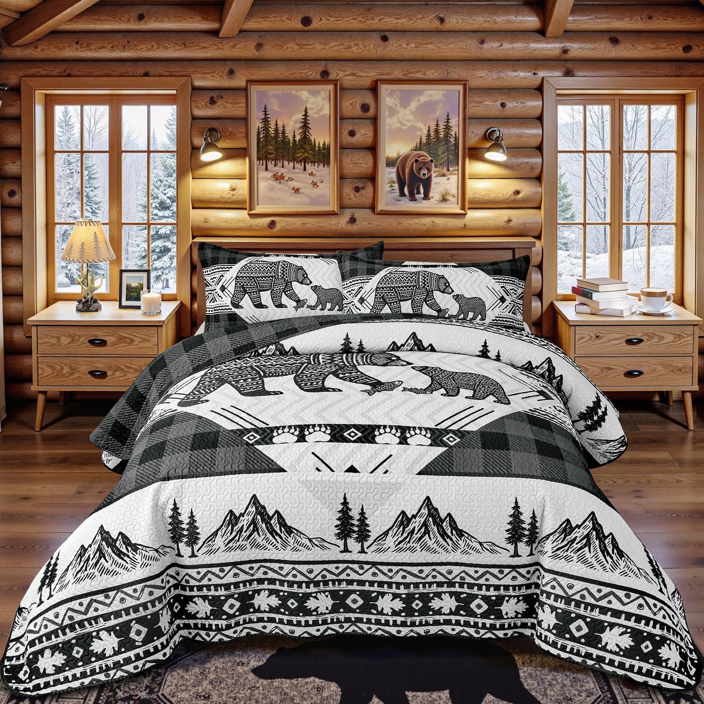 3 Piece Cabin Full/Queen Quilt Sets Farmhouse Rustic Reversible Microfiber Soft Lightweight Bedspread Comforter with 2 Shams Patchwork Country Lodge Bedding Quilts Set for All Season, 90''x96'' , Grey