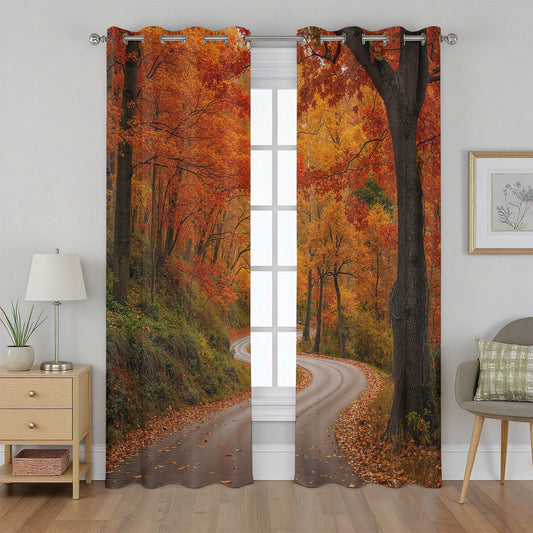 Rufxnn Maple Leaves Road Grommet Curtains Window Treatment, Autumn Forest Landscape Curtain Blackout Thermal Insulated, Nature Scenery Drapes for Bedroom Living Room Office 52x63 Inch 2 Panels Set