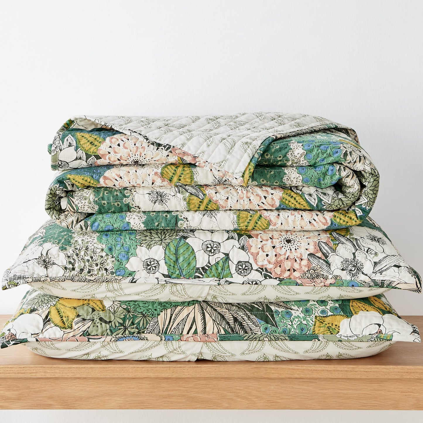 Levtex Home - Bettina Quilt Set - Full/Queen Quilt and Two Standard Shams - Floral - Teal, Blue, Green, Mauve, Cream - Quilt (88x92in.) and Shams (20x26in.) - Reversible - Cotton