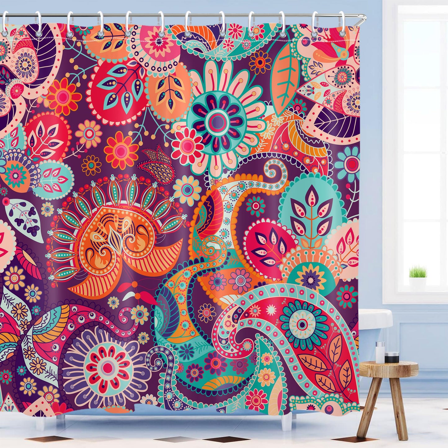 Mayormyth Boho Paisley Floral Shower Curtain Mandala Indian Abstract Bathroom Shower Curtains Bohemian Colorful Flower Shower Curtain Set Polyester Waterproof Cloth Fabric with Hooks 72x72 Inches