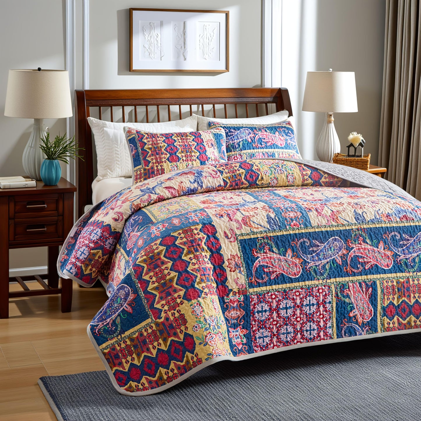 Floral Boho Quilts King Size Bedding Set Purple 3 Pieces Farmhouse Botanical Summer Bedspreads with 2 Shams Soft Reversible Lightweight Breathable Coverlet Set for All Season (Purple Boho, King)