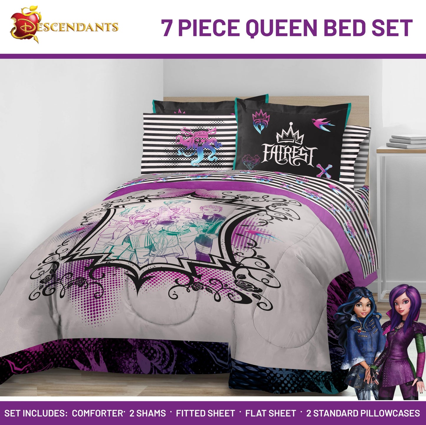 Jay Franco Kids Comforter Set Includes Sheets and Pillow Cover - Soft and Cozy Bed Set for Stylish Room Décor, Multi - Descendants, 7 Piece Queen