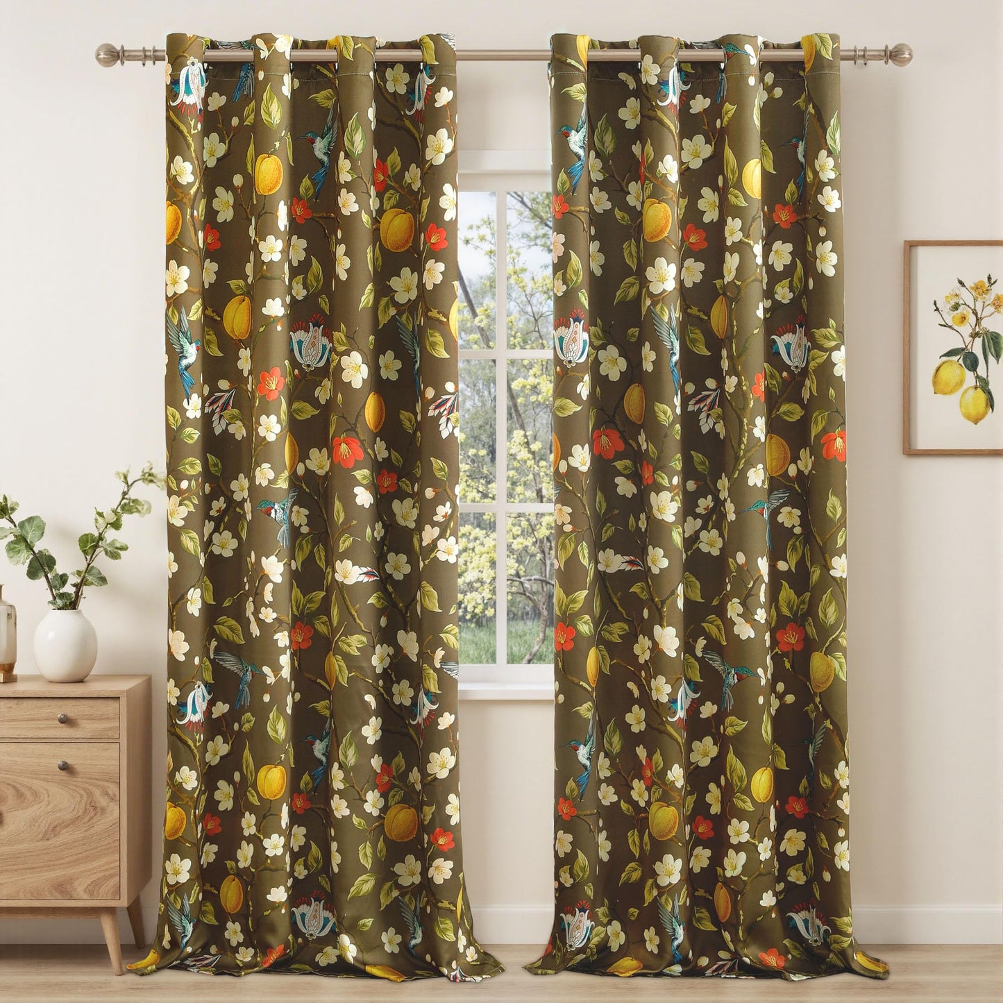 Floral Curtains 100% Blackout, Vintage Hummingbird Black Out Curtain 84 Inches Long, Patterned Thermal Insulated Window Drapes 2 Panels, Grommet Room Darkening Curtains for Living Room Bedroom, Brown