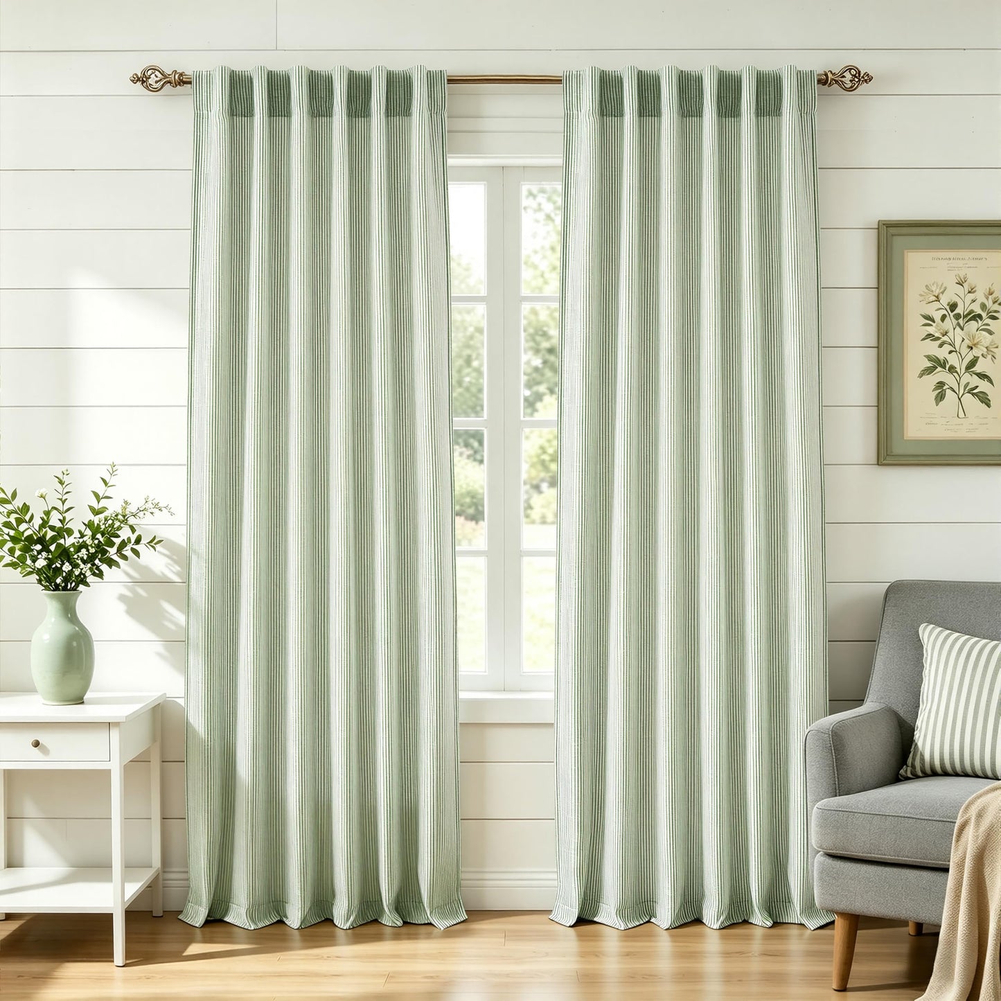 DriftAway 100% Blackout Linen Ticking Striped Curtains Double Layer Farmhouse Drapes 84 Inches Long for Living Room Bedroom Yarn Dyed Woven Thermal Insulated Rod Pocket Back Tab 2 Panels Loden Green