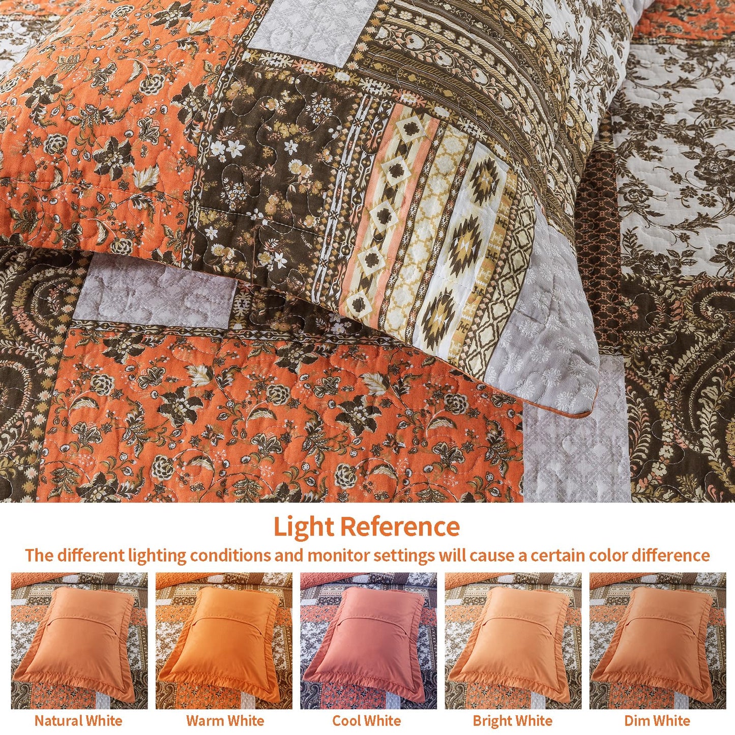 VAPUTAR Quilts Queen Size - Fall Cotton Quilt Set Quilted Bedspread Coverlet Lightweighet Bedding Set with Shams for All Season, 3 Piece Boho Patchwork Quitled Bedspread Queen Size (Dream Orange)