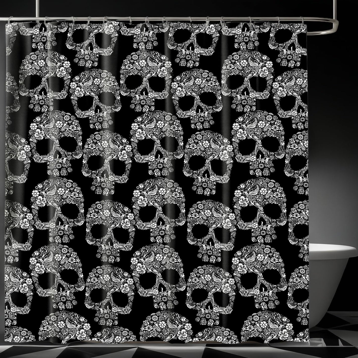 SDIII Sugar Skull Shower Curtain Set 72x72 Inch, Waterproof Microfiber Gothic Shower Curtain Set Skeleton for Victorian Goth Bathroom Decor Halloween