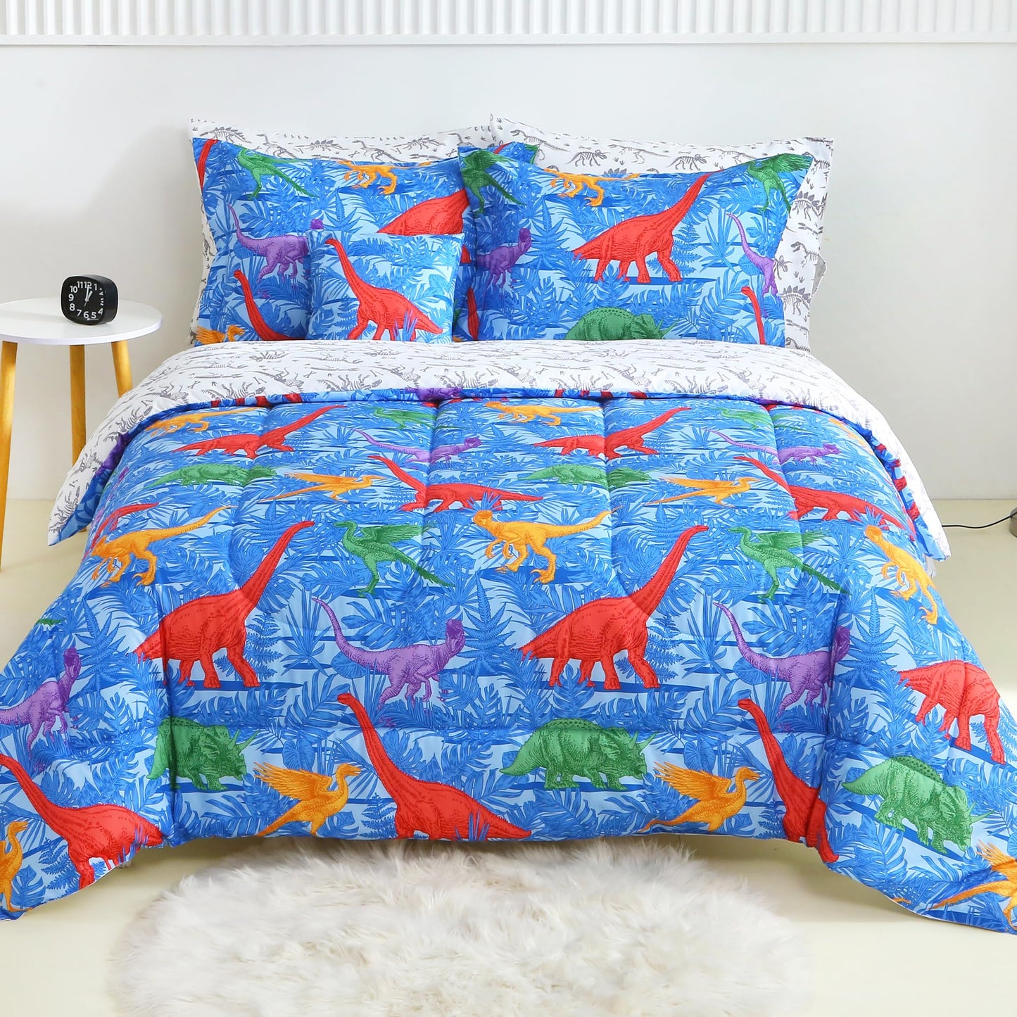 Mooreeke Kids Twin Comforter Sets for Boys 6 Pieces Blue Bedding Set for Teens Microfiber Dinosaur Kids Bed in A Bag with Comforter, Sheet Set, Shams and Decorative Toy Pillow All Season