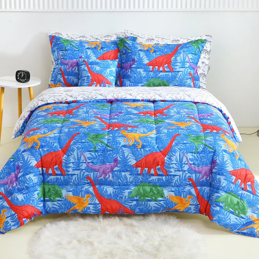 Mooreeke Kids Twin Comforter Sets for Boys 6 Pieces Blue Bedding Set for Teens Microfiber Dinosaur Kids Bed in A Bag with Comforter, Sheet Set, Shams and Decorative Toy Pillow All Season