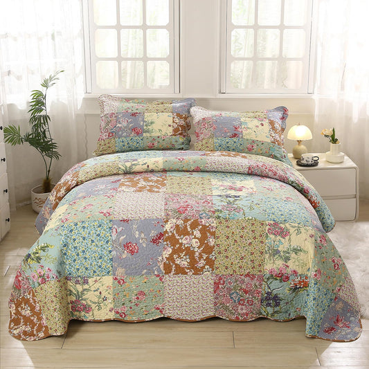 vctops Boho Patchwork Cotton Quilted Bedspread Quilt Set Queen Size 3 Pieces Soft Reversible Lightweight Coverlet Set Floral Print 1 Quilt and 2 Pillow Shams (Purple,Queen)