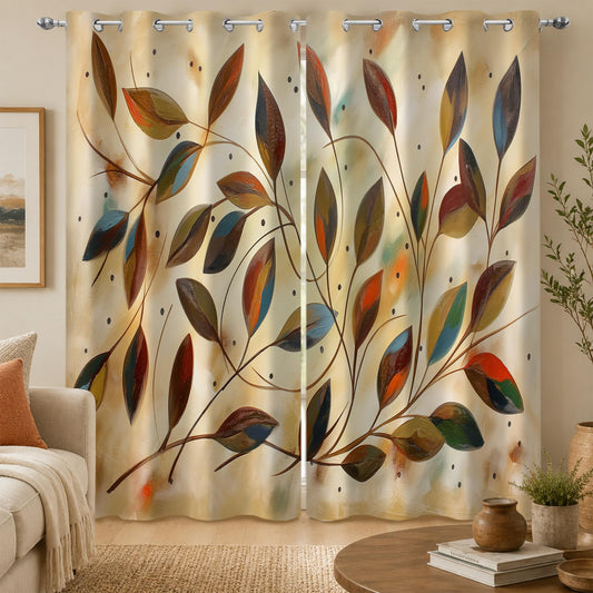 PAOPOED Brown Leaf Black Out Curtains, Bohemian Colorful Leaves Printed Decor for Bedroom, Living Room, Art Gallery Grommet Window Drapes 2 Panel Set, 52"x84"