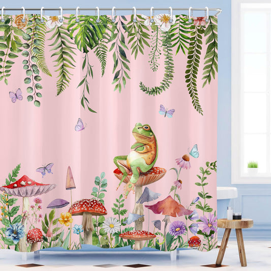 Mayormyth Mushroom Shower Curtain Boho Floral Shower Curtain Funny Frog Cottagecore Plant Shower Curtains for Kids Bathroom Decor Pink Polyester Waterproof Cloth Fabric with Hooks