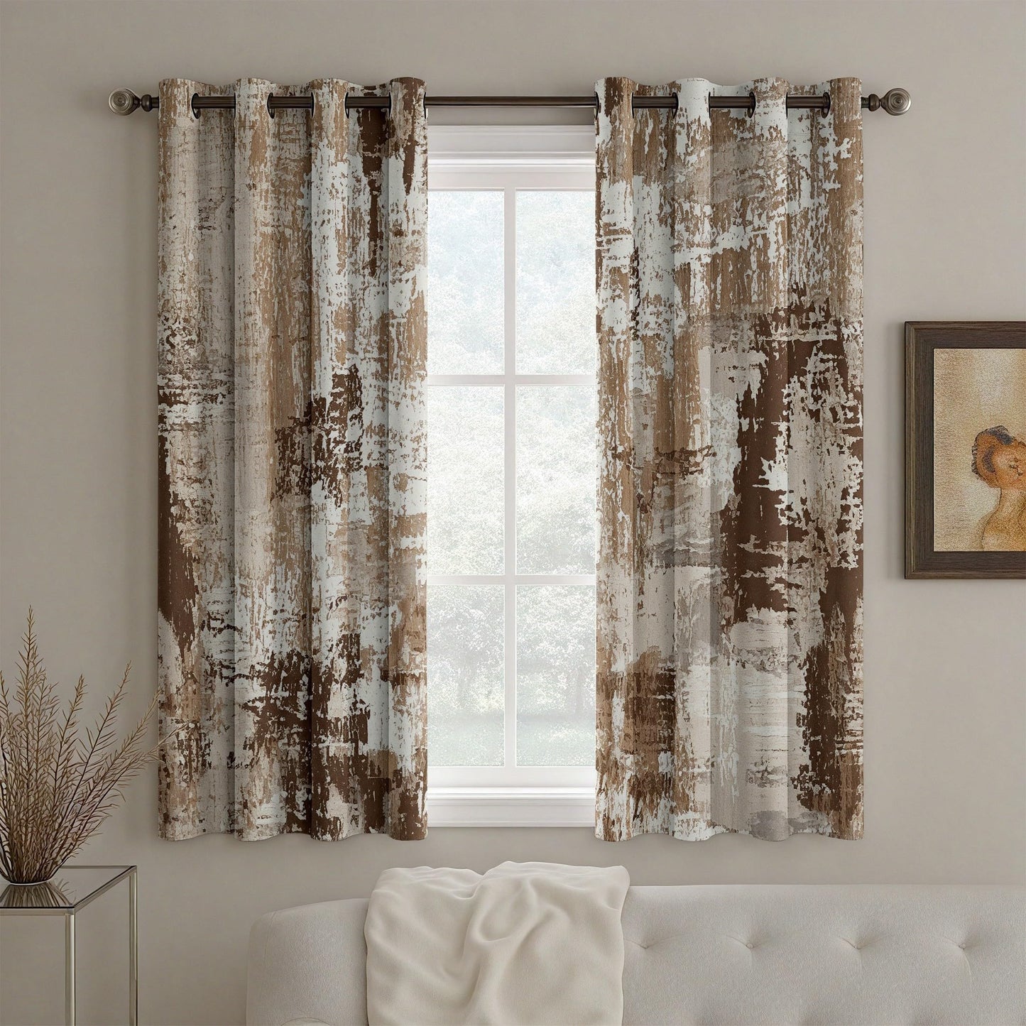 Rufxnn Abstract Curtains, Modern Distressed Curtain Blackout, Contemporary Neutral Curtains 63 Inch Length, Minimalist Brown Drapes for Living Room Bedroom, Grommet Room Darkening Curtain 2 Panel Set