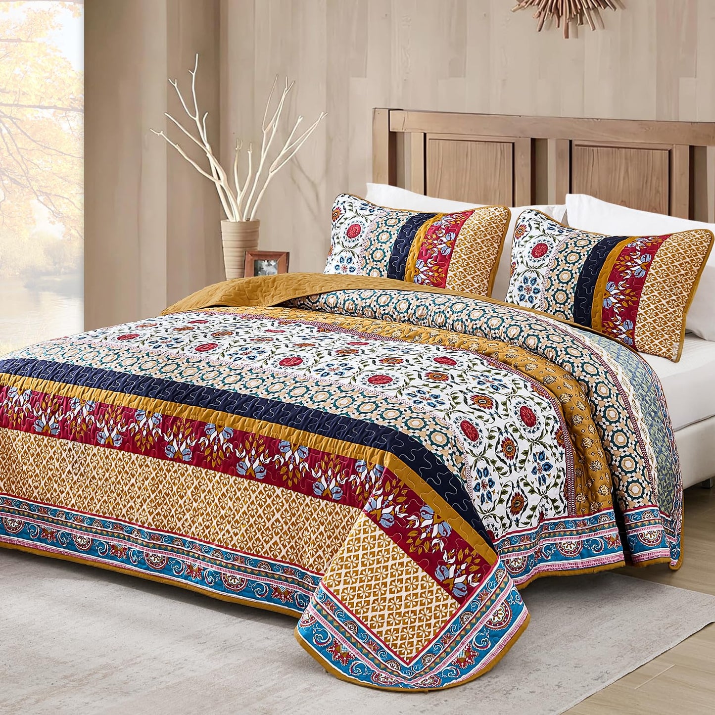 Yiran Boho Quilt Set King Size, Fall Tango Orange Patchwork Bedspreads Bedding Set, Lightweight Bohemia Farmhouse Coverlet Set 110x90 Inch