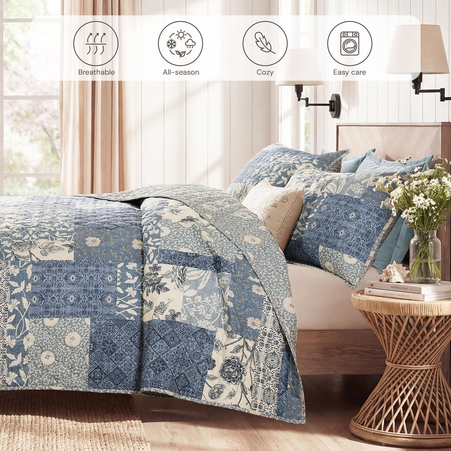 BLOOMHAVEN Quilt Set Queen Size, Patchwork Blue Floral Quilt Sets, Reversible Bedspread Lightweight and Breathable for All Seasons, Soft Quilted Bedspread with 2 Pillow Shams