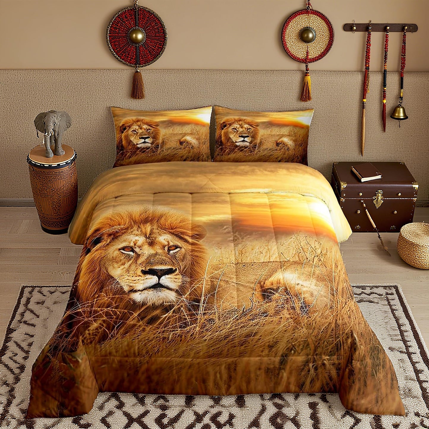 Lion Comforter Set Queen Size,3D Print Wild Animals Bedding Set for Teens Adult Men Room Decor,Natural Sunset View Quilt Set Rustic Prairie Duvet Insert 3pcs with 2 Pillowcases